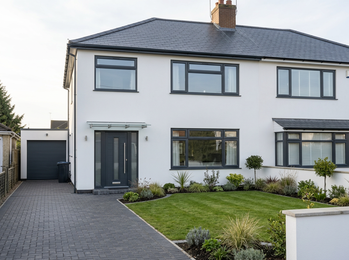 Same conceptual house after renovation: white render, grey windows, new driveway